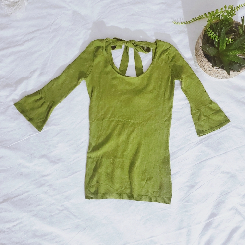 Vintage Le Château Bell Sleeve tie neck sash Knit Ribbed Top- Grass Green